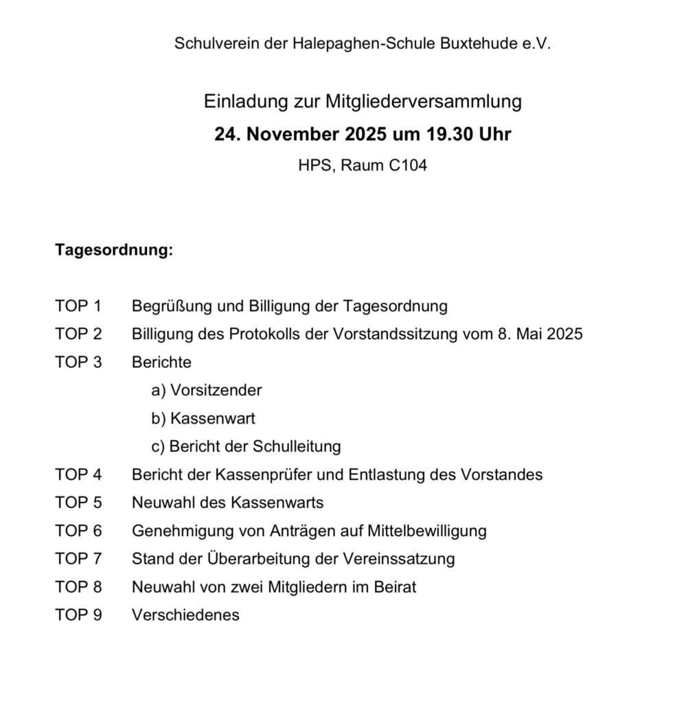 Einladung zur Sitzung des Schulvereins